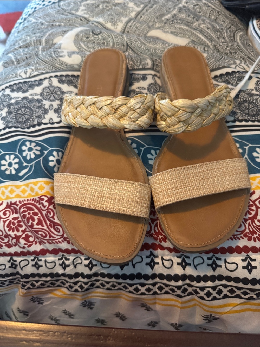 Braided-Strap Tan Slide Sandals - Women